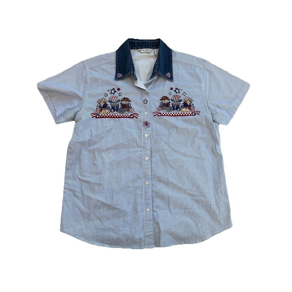 Quizz Cotton Embroidered Cats Shirt Women’s M Western Country Patriotic Y2K